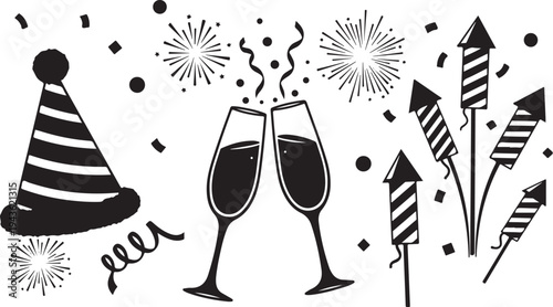 New Year's Eve Celebration with Party Hats and Fireworks