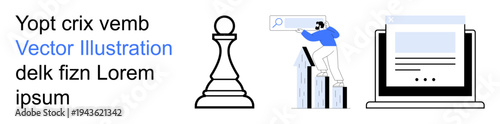 Strategic planning, business growth, data analysis, digital innovation, online learning, leadership. Chess piece, man on graph laptop interface. Strategic planning and business growth concept