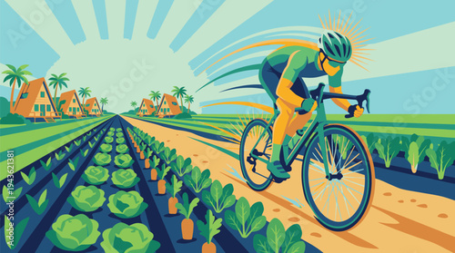 Cyclist Riding Through Vibrant Agricultural Landscape.