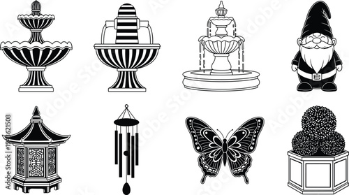 Black vector silhouette collection of fire safety equipment featuring extinguishers, axes, hydrants, warning signs, emergency phone, firefighting drones, and lookout towers for industrial safety.