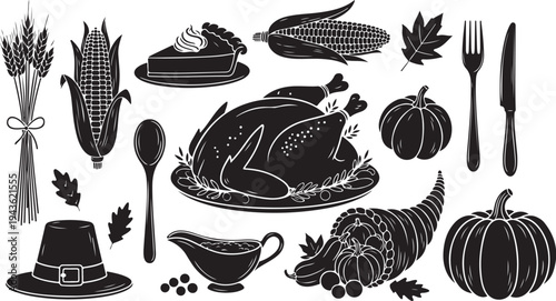 Thanksgiving holiday food and symbols in black and white