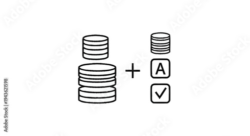 Stacked Coins Plus Option A Check Mark Symbol.