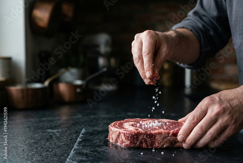 Male Hands Seasoning Ribeye Steak with Sea Salt on Black Slate