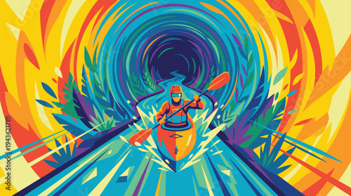 Colorful Abstract Illustration of a Person Kayaking.