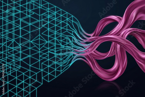 Cyan Neon Wireframe Grid Morphing into Magenta Satin Ribbons on Dark