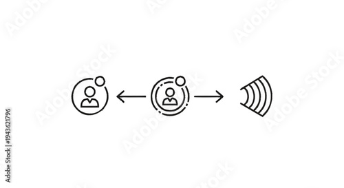 Social distancing communication icon representing interaction between people and broadcast signal.
