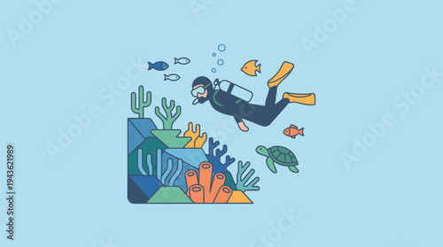 Diver Exploring Vibrant Coral Reef Underwater Scene.