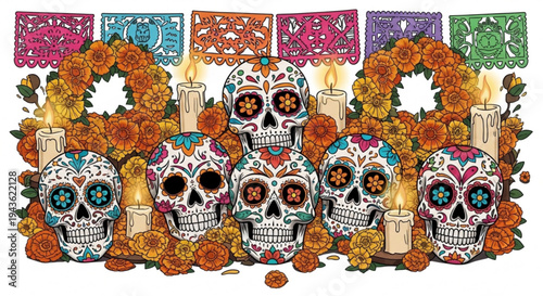 Vibrant day of the dead altar with colorful sugar skulls marigolds and papel picado on white background