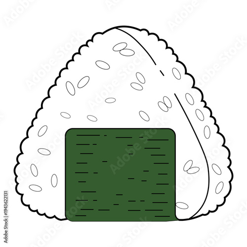 Japanese onigiri rice ball illustration with seaweed nori. Simple flat vector style with clean outline, perfect for Japanese cuisine themes, restaurant menus, and food design.