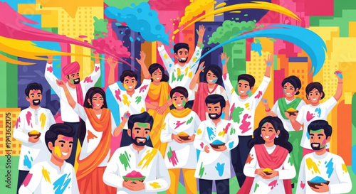 Diverse group celebrating holi festival with colorful powders and vibrant atmosphere in urban setting