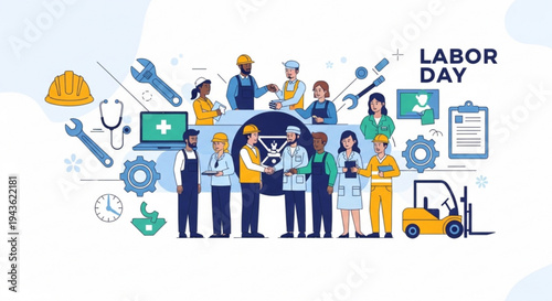 Diverse workers celebrate labor day with tools and icons representing various professions and industries in a vibrant illustration