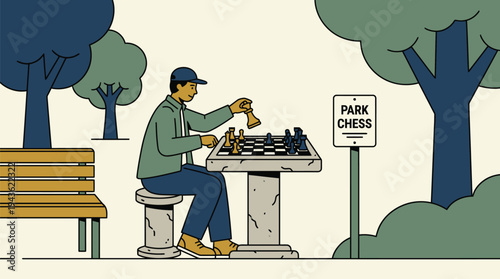 Person Playing Chess in Park Scene.