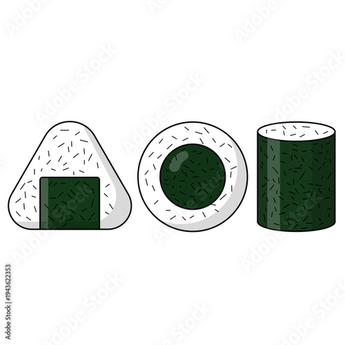 Japanese food illustration set featuring onigiri rice ball and sushi roll. Simple flat vector style suitable for restaurant menu design, food blogs, and Japanese cuisine themes.