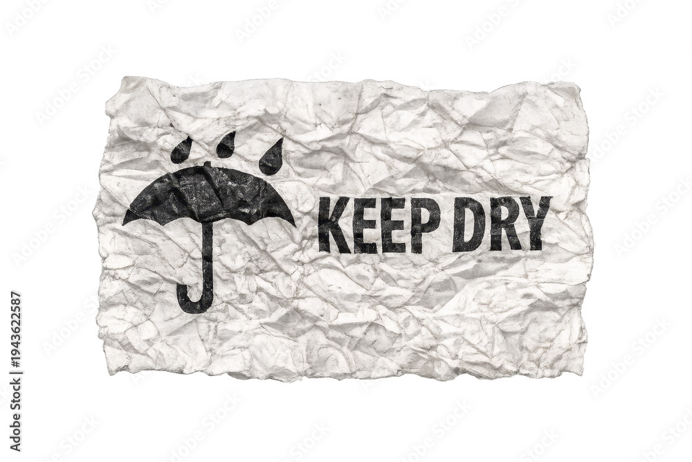 Fototapeta premium Crumpled paper packaging symbol advising keep dry
