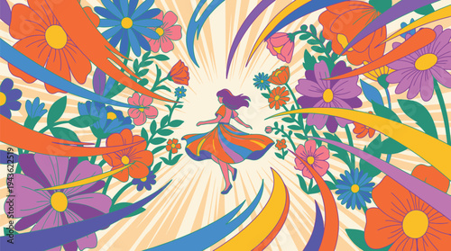 Colorful Abstract Illustration of Dancing Girl with Floral Elements.
