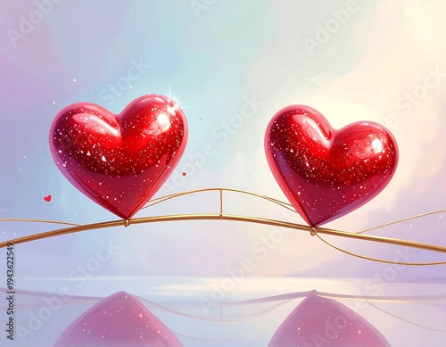 Two shiny red hearts on a golden line