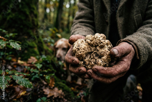 Hunter Holding Large White Truffle in Forest with Golden Retriever