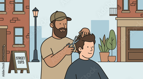 Barber Cutting Hair Outdoors in Urban Setting.