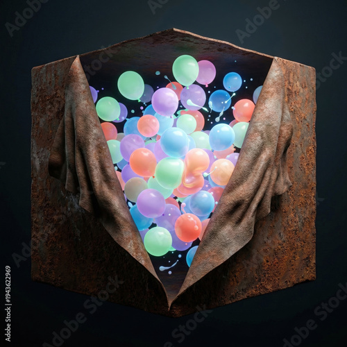 Iridescent Balloons Floating from Glowing Rusty Iron Cube with Fabric