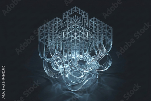 Acrylic Glass Sculpture with Cube Lattice Glowing on Dark Surface