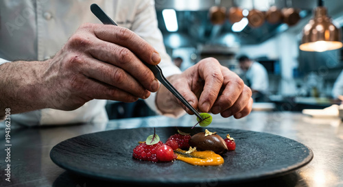 Chef Plating Chocolate Dome with Black Tweezers on Ceramic Plate