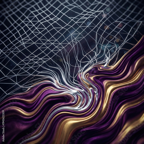 White Wireframe and Purple Gold Liquid Metal Waves Flowing in Space