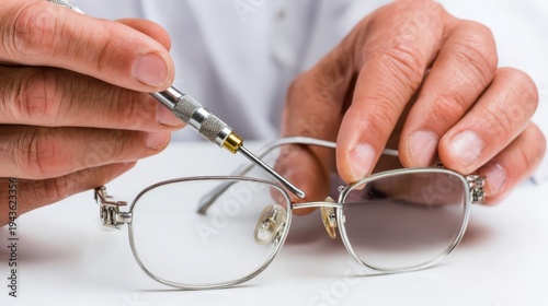 A person repairs eyeglasses using a precision screwdriver, focusing on tightening the frame screws.