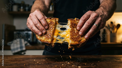 Grilled Cheese Sourdough Sandwich Pulling Apart on Wooden Counter