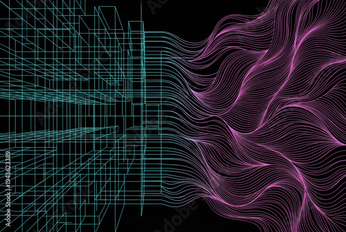 Cyan Wireframe 3D Grid and Magenta Line Waves Flowing on Black