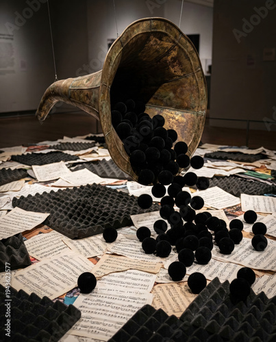 Antique Brass Gramophone Spilling Velvet Spheres on Sheet Music