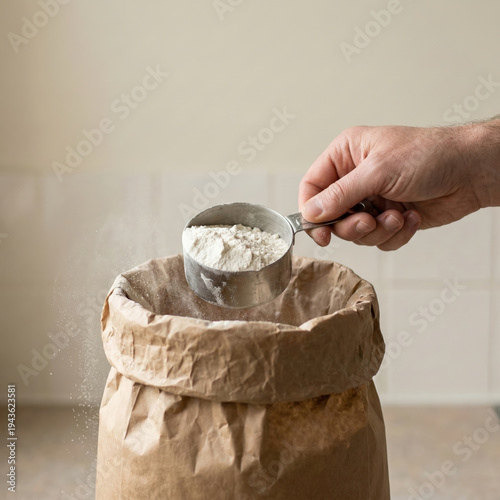 Hand with Stainless Steel Measuring Cup Pouring Flour into Paper Bag