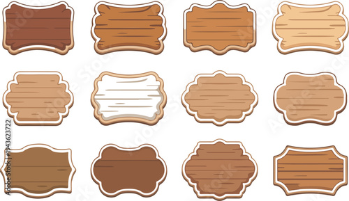 rustic wooden label plaques and blank signage boards with various grain textures for menus and decor.