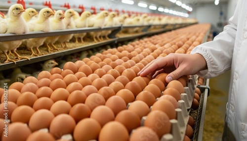 The Harvest of Fresh Eggs: A worker's hand carefully inspects a tray of freshly collected eggs within an industrial poultry farm.