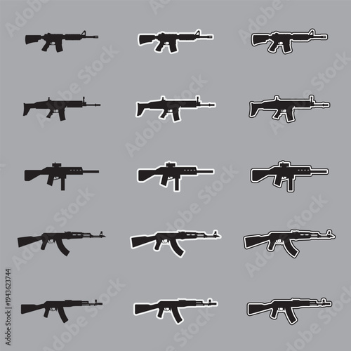 Set of assault rifle silhouette icons with sticker and outline styles, military tactical weapon vectors isolated on gray background.