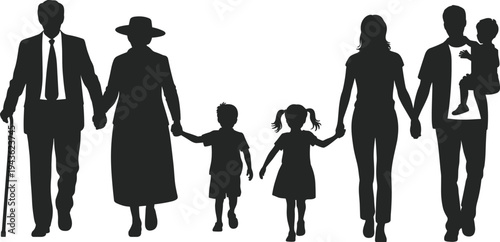 Family generations silhouette illustration, lineage connection icon, grandparents parents children vector, heritage design, unity art, ancestry symbol, generational continuity graphic