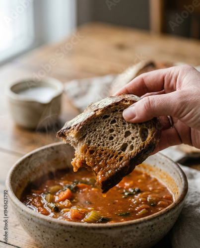 Hand Dipping Sourdough Bread into Steaming Ceramic Bowl of Soup