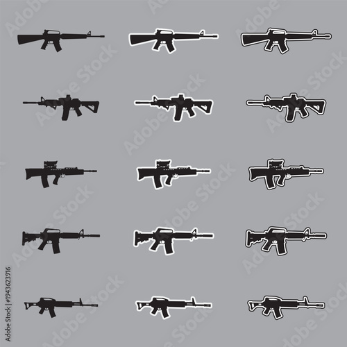 Set of assault rifle silhouette icons with sticker and outline styles, military tactical weapon vectors isolated on gray background.