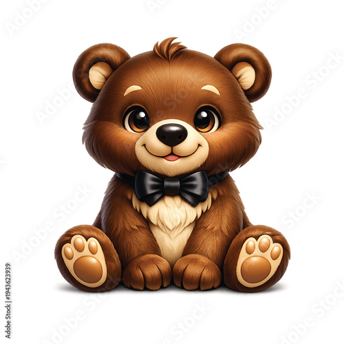 Adorable brown teddy bear wearing a black bow tie, sitting with paws out, perfect for children's themes and toys