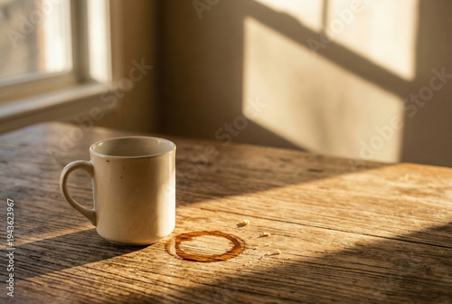 Ceramic Mug and Coffee Ring Resting on Sunlit Wooden Table
