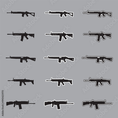 Set of assault rifle silhouette icons with sticker and outline styles, military tactical weapon vectors isolated on gray background.