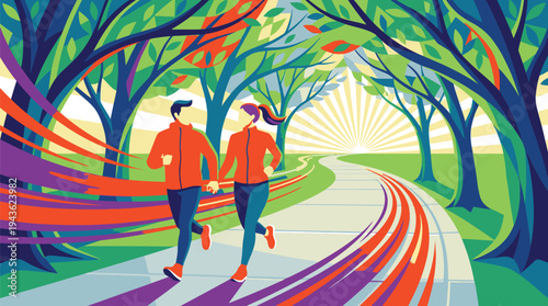 Two People Running in Colorful Park Path.