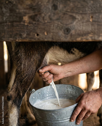 Farmer Hands Milking Goat into a Galvanized Metal Bucket in Barn