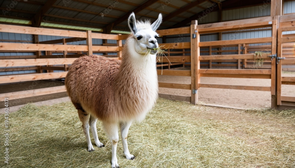 Naklejka premium Llama in Stable: A majestic llama stands within the rustic embrace of a wooden stable, its fluffy coat a testament to its gentle nature. Observe its serene expression.