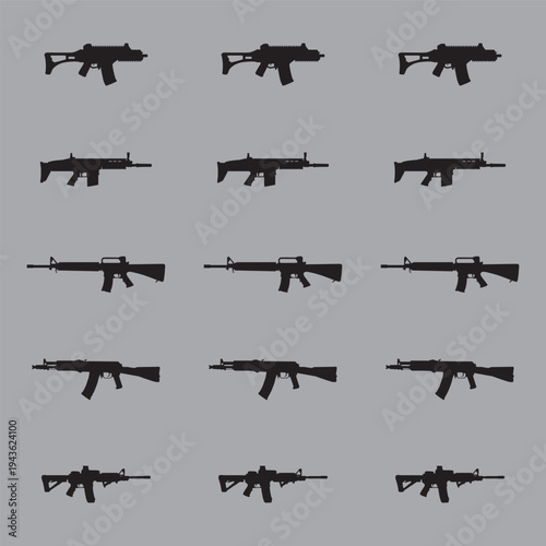 Set of assault rifle silhouette icons with sticker and outline styles, military tactical weapon vectors isolated on gray background.