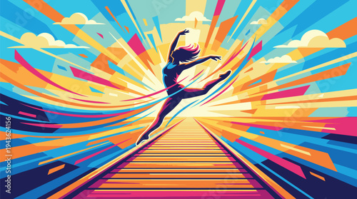Dynamic Woman Running on Colorful Bridge at Sunset.