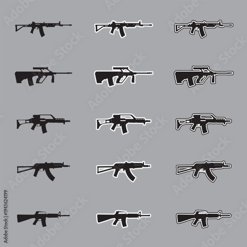 Set of assault rifle silhouette icons with sticker and outline styles, military tactical weapon vectors isolated on gray background.
