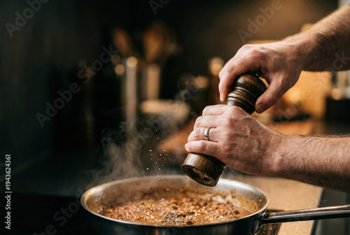 Male Hands Grinding Pepper with Wooden Mill over Stainless Steel Pan