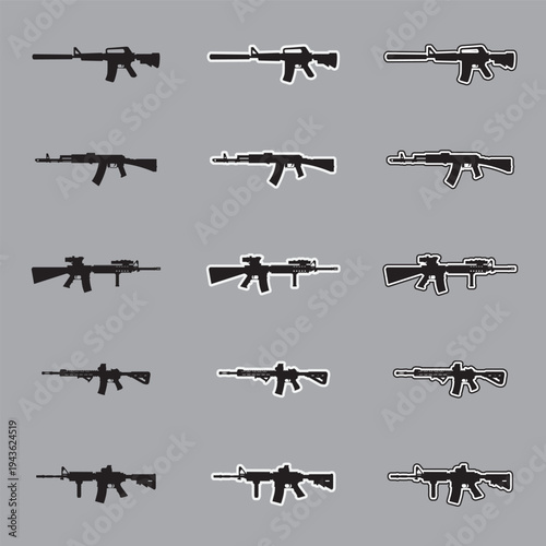 Set of assault rifle silhouette icons with sticker and outline styles, military tactical weapon vectors isolated on gray background.