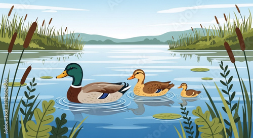 Serene lake scene with a mallard drake and hen swimming with their ducklings among water lilies and cattails under a blue sky with distant hills