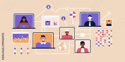 Diverse people connect through multiple screens in a virtual meeting